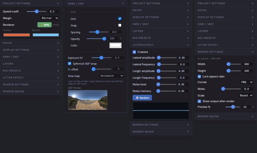 VectorRIG 1.0 settings: project settings, updated HDRI panel with Grid and Snap and the Simons Town panorama, jitter and render settings.