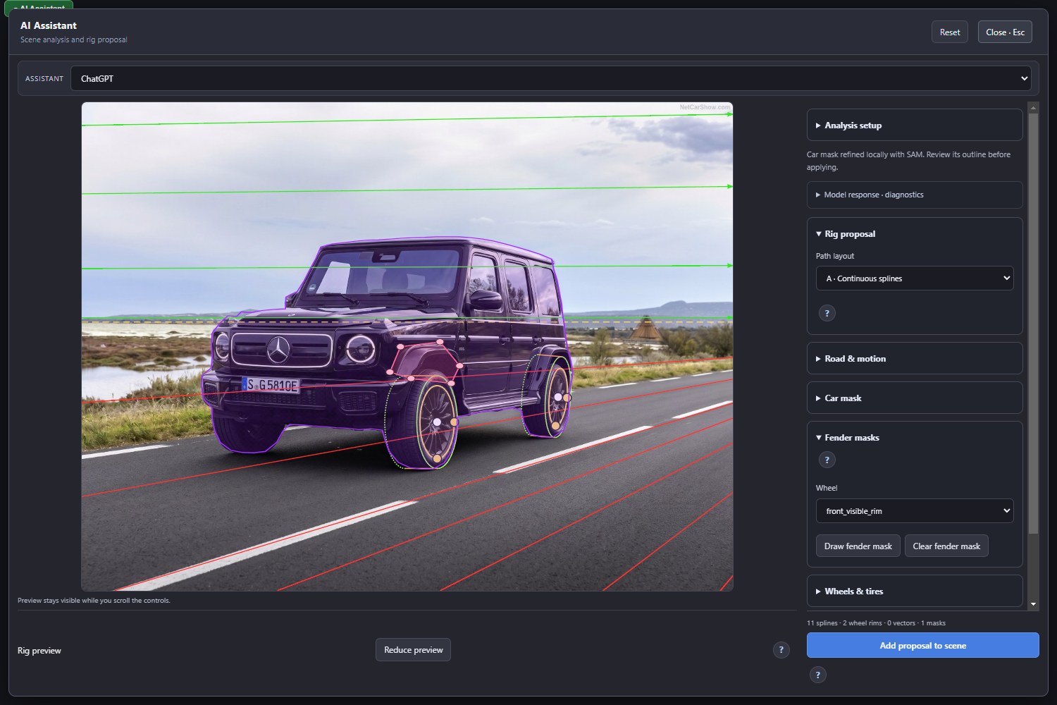 Magnify preview with continuous proposal A and wheel-specific fender mask controls
